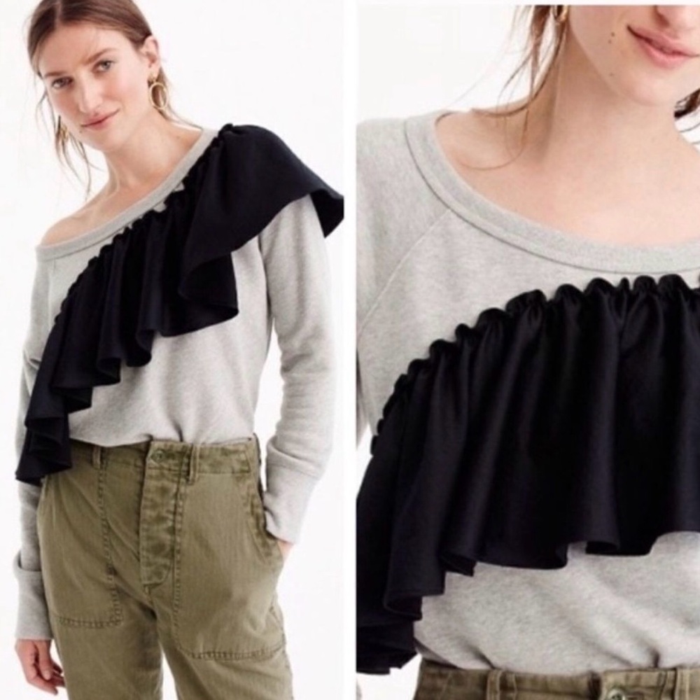 J CREW Gray Sweatshirt Top Black Satin Ruffle Detail Womens Size MEDIUM EUC
